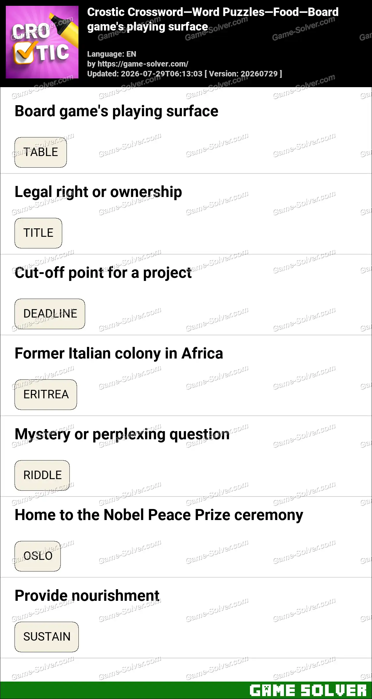 Crostic Crossword-Word Puzzles-Food-Board game’s playing surface